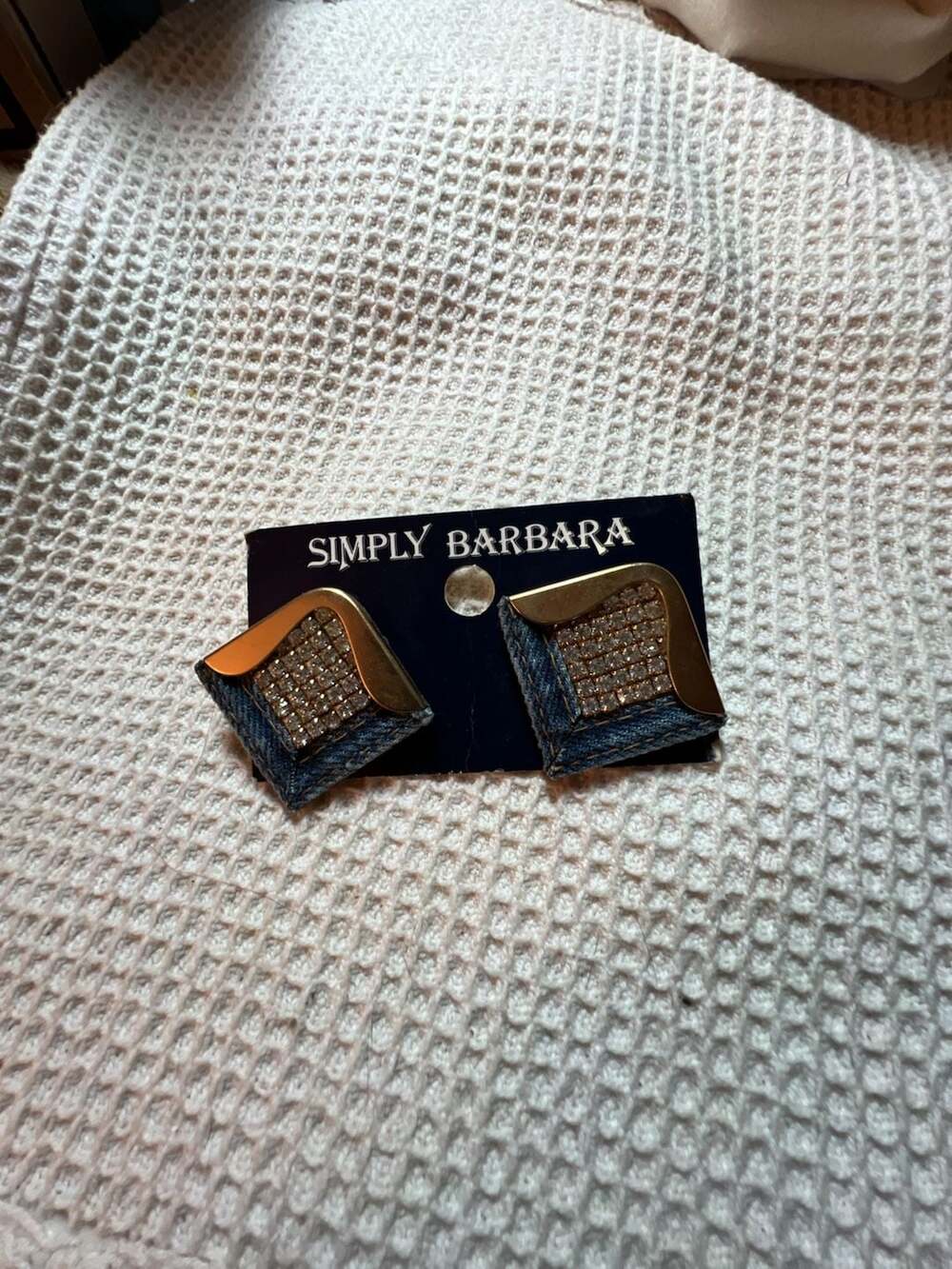 Simply Barbara Vintage Denim and Rhinestone Square Stud Earrings